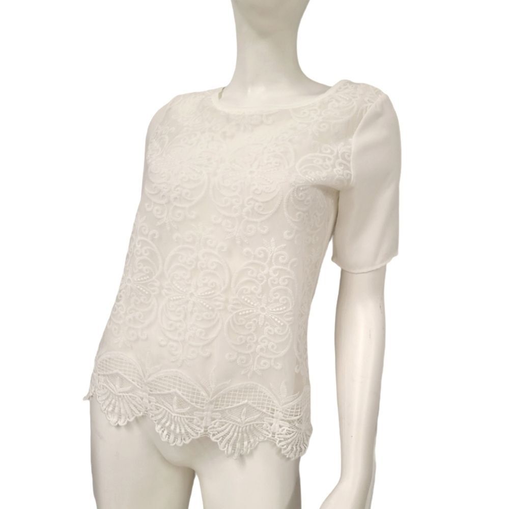 Yoyo 5 White Lace Frony Blouse size Small Short Sleeve - Picture 4 of 8